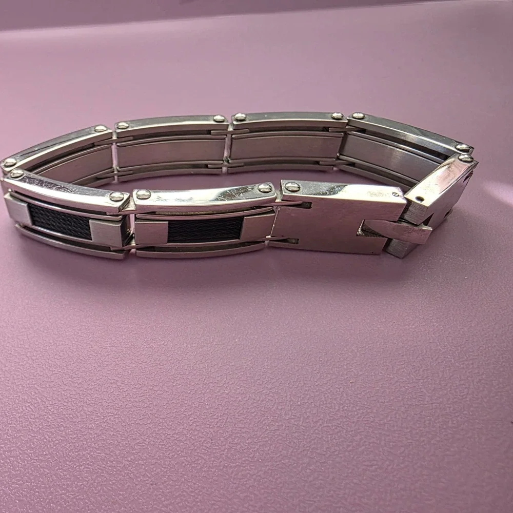 Mens Stainless Steel Black Cable Inset Link Bracelet Silver Tone Industrial Styl